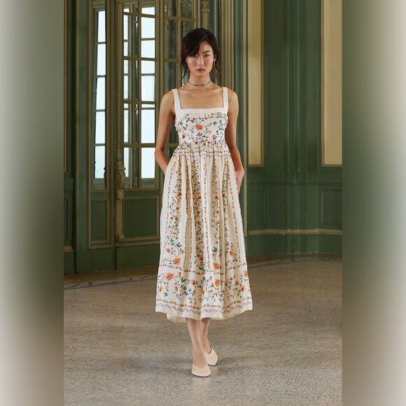 AGUA BY AGUA BENDITA Barbara pleated bead embellished floral-print linen dress